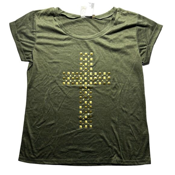 Woman's VTG Studded Cross T-Shirt Green Wet Seal Size XL Blend Fabric Jesus Tee - Picture 1 of 4